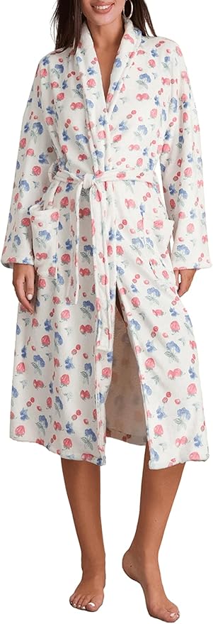 Women Fleece Floral Fruit Print Bathrobe Soft Flannel Lounge Robe Cute Fall Robe Lightweight Warm Gown with Belt