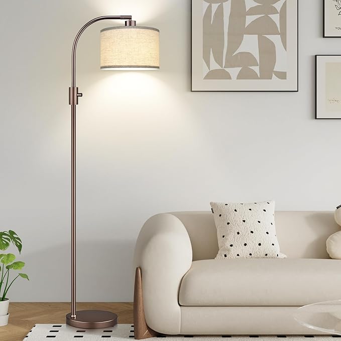 Upgraded Dimmable Floor Lamp, 1200 Lumens LED Bulb Included, Bronw Arc Floor Lamp with Linen Shade for Living Room, Bedroom, Reading Room, Nursery