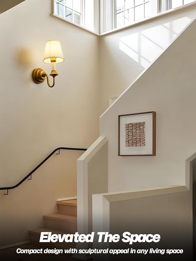 Vintage Fabric Wall Sconce Light with Curved Arm, Rustic Linen Cloth Wall Light Fixtures, Hardwired Brass Wall Mounted Lamp for Bathroom Vanity Bedroom Living Room