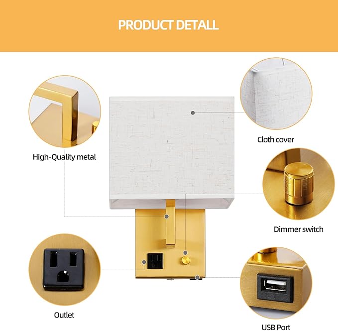 Plug in Wall Sconce, Bedside Wall lamp with Plug and dimmable Switch, with USB Charging Port and Socket, Suitable for Hotel, Corridor, Living Room and Bedroom Wall Light (Golden)