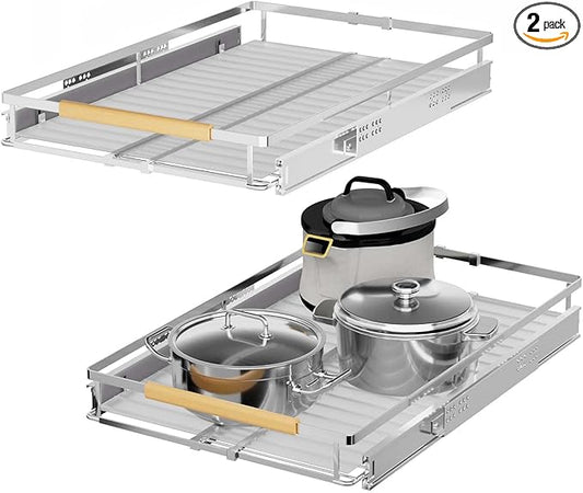 Expandable Pull Out Cabinet Organizers,Adjustable Width W:12.2”-18.5” x D:22.5”,Slide Out Wire Storage Drawers,Heavy Duty Stainless Steel Gliding Cupboard Shelves for Kitchen,Under Sink,2 Packs