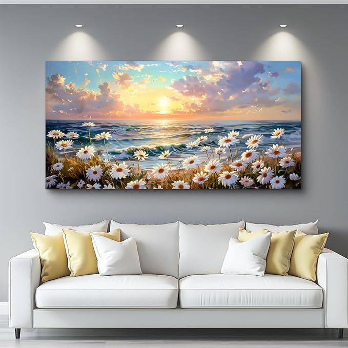 PHAOHUAXM Large Canvas Wall Art For Living Room Bedroom Wall Decor Home Office A Landscape Painting Of A Sea Of White Flowers Painting Room Bathroom Dining Room Artwork Picture Wall Decor 20x40 In
