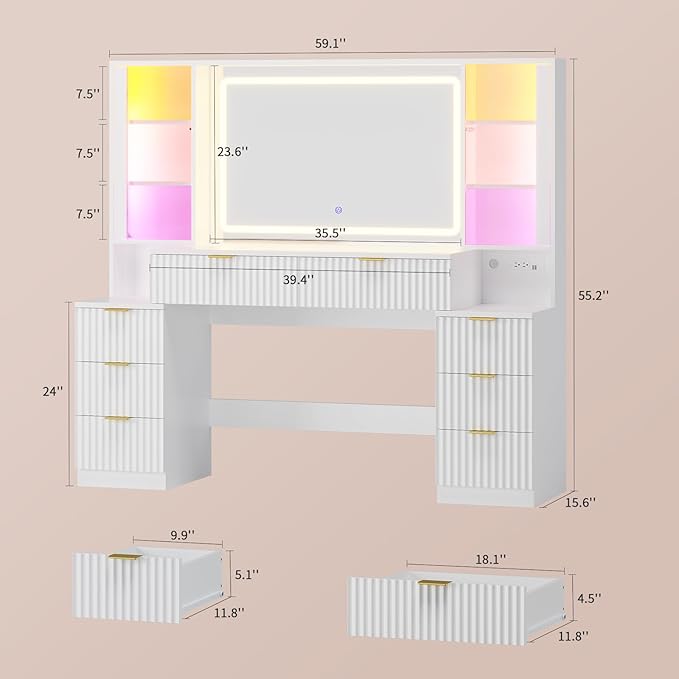 Big Vanity, 59.1" Fluted Wood Makeup Vanity Desk with Mirror and Sound Sync LED Lights, Large Vanity Dressing Table, 8 Drawers, 2 Glass Cabinets, with Charging Station for Girls, Women (White)