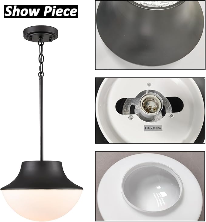 Mid Century Farmhouse Pendant Lighting for Kitchen 11.02" Matte Black Pendant Lights Kitchen Island with Milk Glass White Bowl Shade Over Sink Bathroom Dining Room Foyer……