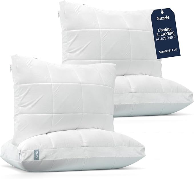Nuzzle Cooling Adjustable Pillow for Side Sleepers, Luxury Standard Size Set of 4 Bed Pillow Hotel Collection - Best Adjust Height Soft Firm Pillow for Back, Stomach or Side Sleepers - Home Gifts