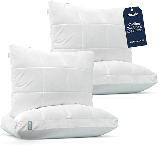 Nuzzle Cooling Adjustable Pillow for Side Sleepers, Luxury Standard Size Set of 4 Bed Pillow Hotel Collection - Best Adjust Height Soft Firm Pillow for Back, Stomach or Side Sleepers - Home Gifts