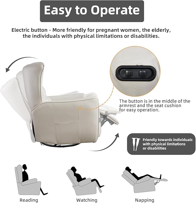 INZOY Power Swivel Rocker Recliner Glider, Oversize Electric Swivel Rocker Recliners with Highly Enveloping Backrest, Nursery Rocking Recliner Chair Leathaire Reclining Sofa for Living Room, White