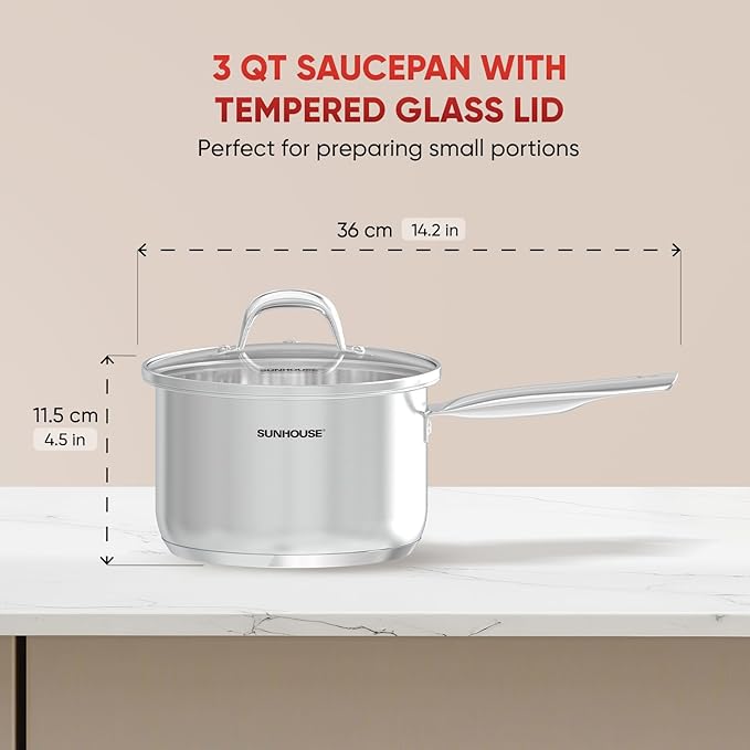 Sunhouse – 3 Quarts Stainless Steel Sauce Pan with Lid - PFOA-FREE, Stainless Steel Sauce Pan, Induction base, Stay-Cool Handle, Compatible with All Cooktops Gas, Geramic, Electric etc.