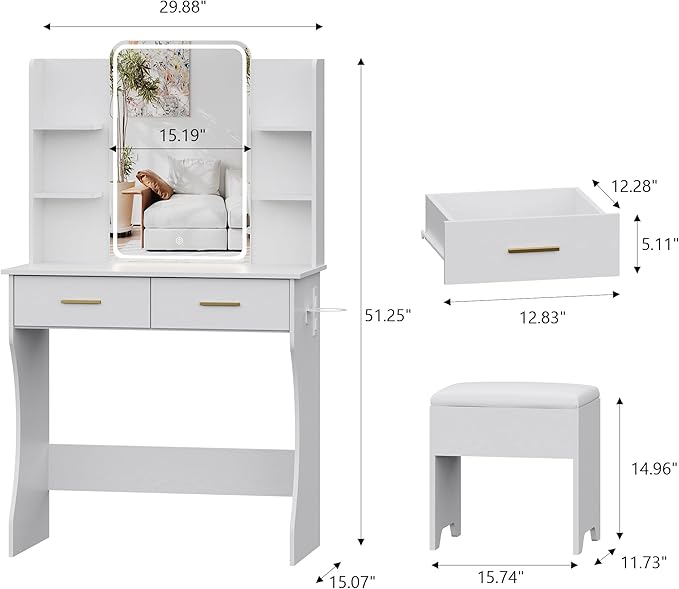 Small Vanity Desk with Mirror and Lights, Makeup Vanity with LED Lights, White Vanity Mirror with Lighted Desk and Chair, 3 Lighting Adjustable Compact Dressing Table with Mirror for Women, Girls