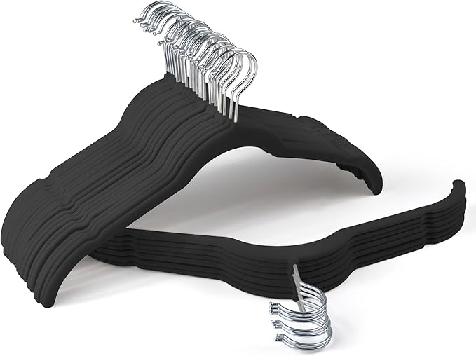 Premium Velvet Hangers 30 Pack - Space-Saving Closet Organizer for Clothes, Non-Slip Flocked Design, Ideal for Shirts and Coats (Black)