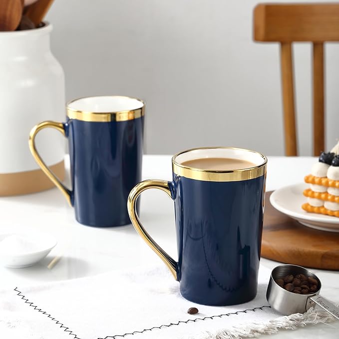 Coffee Mugs,12OZ Ceramic Coffee Mugs Set of 6,Cups with Large Handles for Men Women, Porcelain Big Mug for Tea Latte, Housewarming Wedding Gifts (blue and gold)