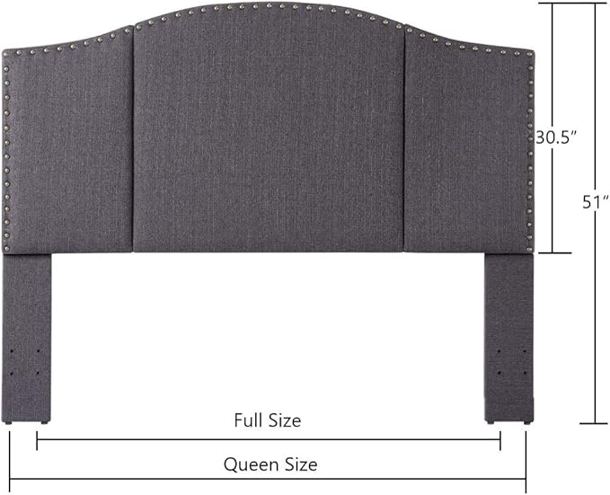 24KF Middle Century Linen Upholstered Tufted Queen Size Headboard with Antique Brass Nails Queen/Full headboard -Dark Gray