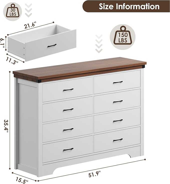 Farmhouse 8 Drawer Dresser for Bedroom, 52" Wide Chest of Drawers, Wooden Dresser TV Stand, Storage Dressers Organizer for Bedroom, Living Room, Hallway, White