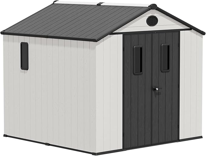 EAGLE PEAK 8x8 Resin Outdoor Storage Shed, Weatherproof Garden Shed with Floor & Lockable Doors, Tool & Equipment Storage for Backyard or Patio, White/Gray
