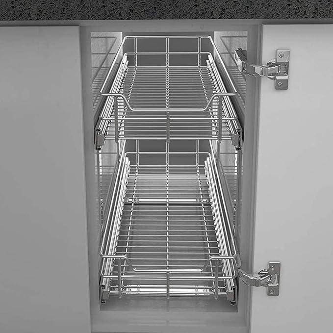 2 Tier Pull Out Cabinet Organizer 15" W X 22" D, Slide Out Drawers For Kitchen Cabinets, Pull Out Drawers For Cabinets Capacity Heavy Duty Caddy, Cabinet Pullout Shelves Chrome-Plated,Bathroom Pantry