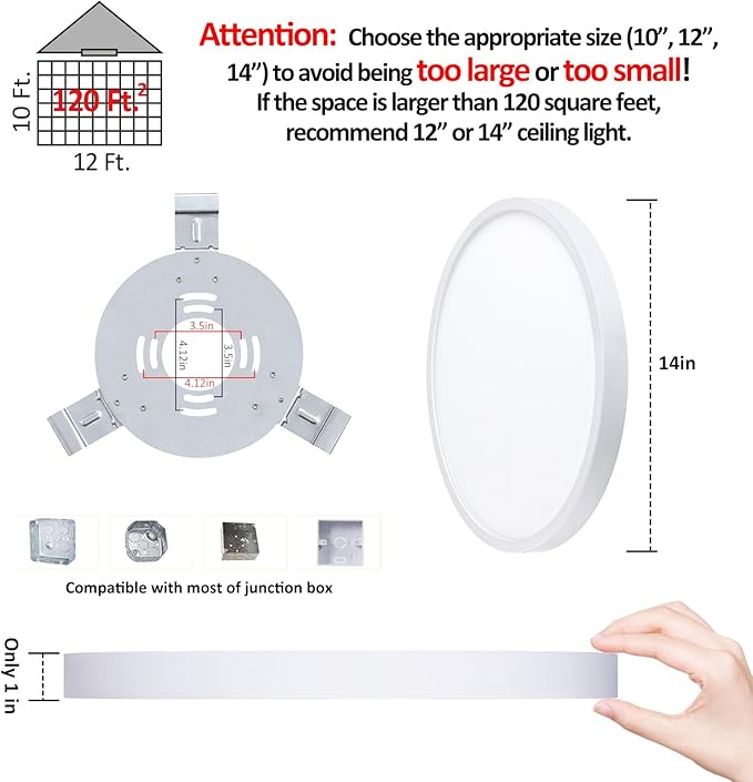 14 Inch LED Flush Mount Ceiling Light, Slim Dimmable Ceiling Light for Kitchen, Bedroom, Metal and Glass, Low Ceiling, White, 26W, 3000K, 2 Pack
