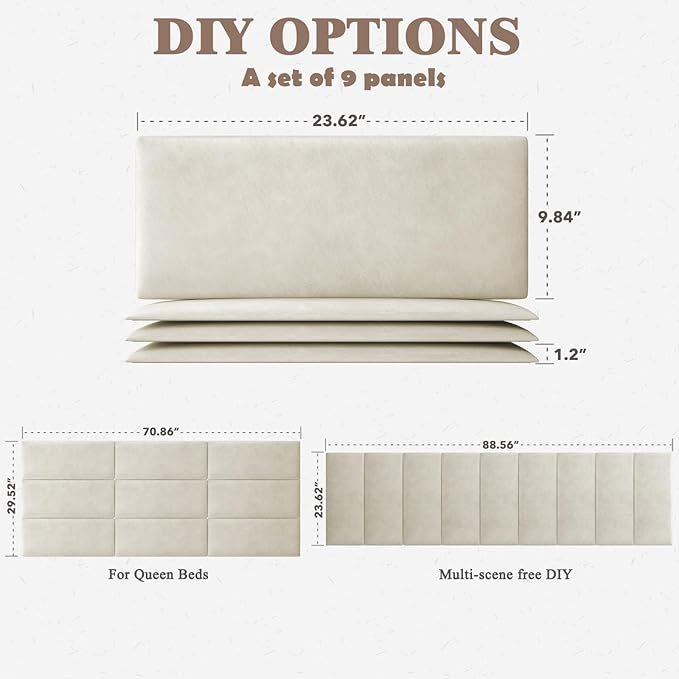 Upholstered Headboard for Queen Size Bed, Wall Mounted & Peel and Stick Headboard, Soundproof DIY Wall Panels, Leather Head Board in Modern Design for Bedroom (9 Panels, Each 23.62"x9.84"
