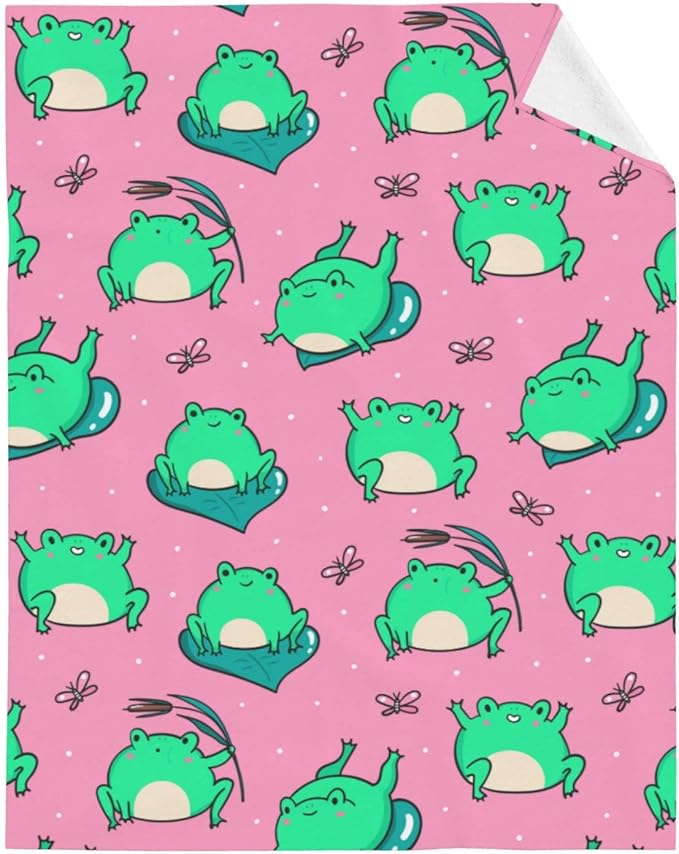 Cute Green Frogs on Pink Throw Blanket, Flannel Fleece Bed Blanket, Super Soft Cozy Fuzzy Plush Blankets for Couch Sofa Office Traveling Kids Bedroom Adults Living Room All Season, 60"x50"