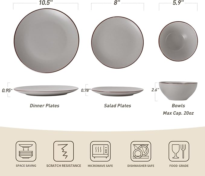 Famiware Venus Ceramic Plates and Bowls Sets, Speckled Dinnerware Dish Sets for 8 (24 Pieces) - Microwave and Dishwasher Safe, Matte Light Grey