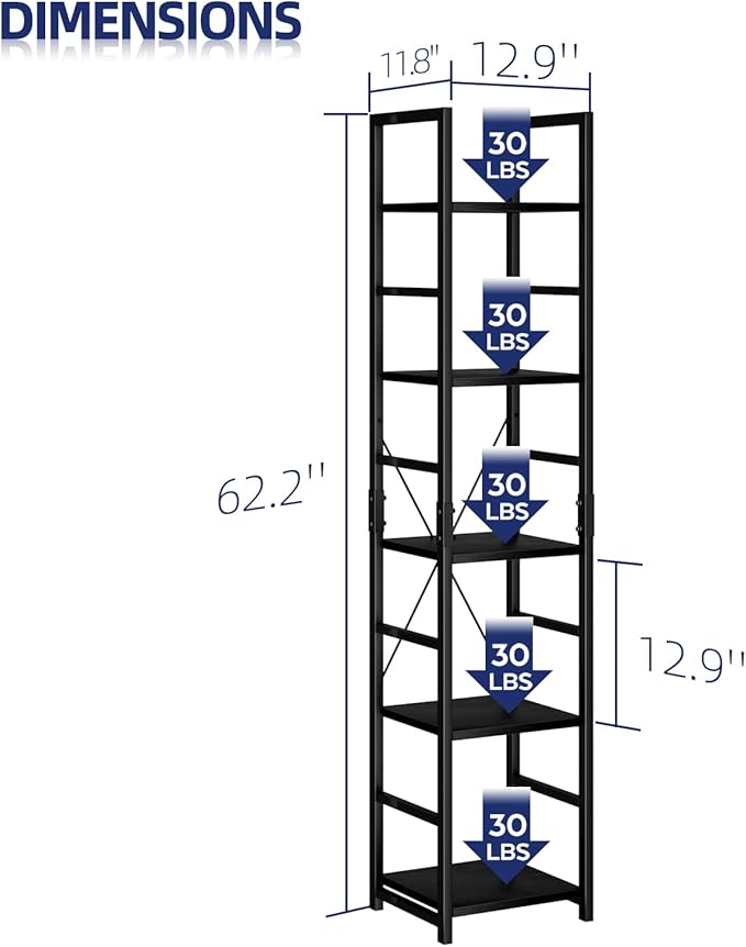 NUMENN 5 Tier Slim Bookshelf, Tall Bookcase Shelf Storage Organizer, Modern Book Shelf for Bedroom, Living Room and Home Office, Black