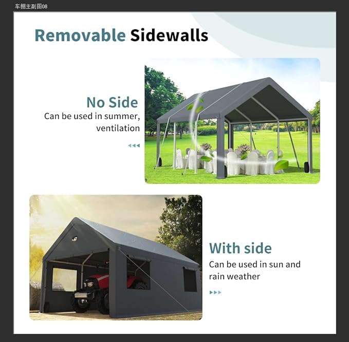 12x20FT Heavy Duty Carport Canopy,Extra Large Portable Car Tent Garage with Roll-up Windows and All-Season Tarp Cover,Removable Roof&Side Walls for Car,SUV,Boats&Truck Shelter Logic Storage