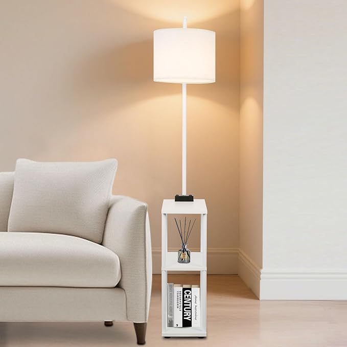 Floor Lamp with Table, Narrow Side Table with USB-A/USB-C Charging Station and AC Port, 3 Color Temperatures 12W LED Bulb, End Table for Bedroom, Living Room and Home Office, White