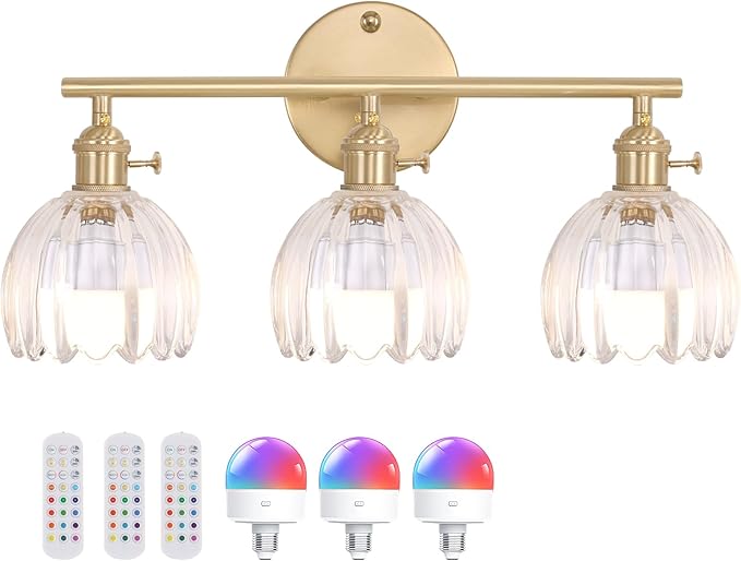 Battery Operated Bathroom Light Fixtures, 3-Light Brass Vanity Wall Light with 5000mAh Rechargeable Bulb Over Mirror with Clear Tulip Glass Shade for Bedroom Living Room