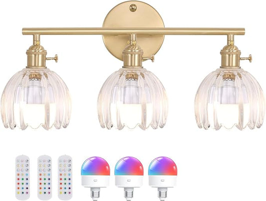 Battery Operated Bathroom Light Fixtures, 3-Light Brass Vanity Wall Light with 5000mAh Rechargeable Bulb Over Mirror with Clear Tulip Glass Shade for Bedroom Living Room