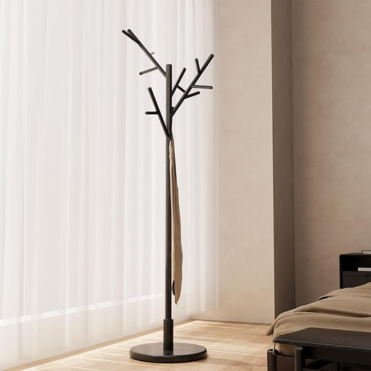 Coat Rack, Solid Wood Coat Rack Freestanding with 12 Hooks, Coat tree freestanding 3 Adjustable Heights for coat, Hats, Handbags， Coat Stand for Entryway, Bedroom (Black)