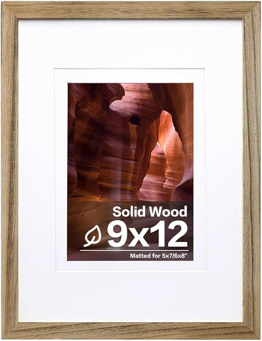 Egofine 9x12 Picture Frame Made of Solid Wood Covered by Plexiglass, Wood Frame for Pictures 5x7/6x8 with Mat or 9x12 without Mat, Tabletop and Wall Mounting Display, Carbonized Brown