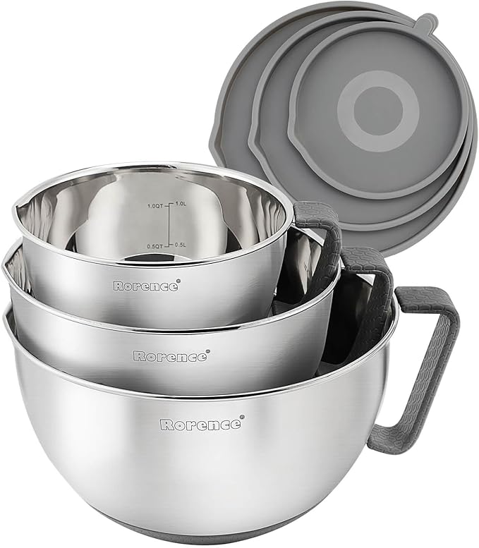 Rorence Mixing Bowls Set: Stainless Steel Non-Slip Bowls with Pour Spout, Handle and Lid - Set of 3 - Gray
