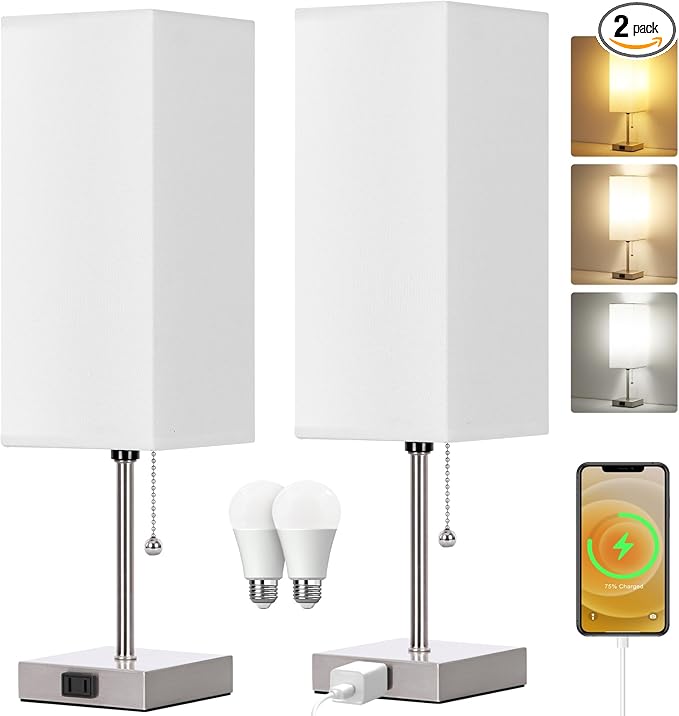 Table Lamp for Bedroom set of 2,3-Color Bedside Lamps with Pull Chain Table Lamps for Nightstand with AC Outlets,18'' Night Light Lamps with 2 Bulbs Lamps for Living Room Kids Office Decor（Nickel）