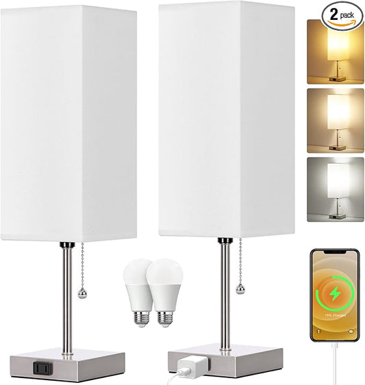 Table Lamp for Bedroom set of 2,3-Color Bedside Lamps with Pull Chain Table Lamps for Nightstand with AC Outlets,18'' Night Light Lamps with 2 Bulbs Lamps for Living Room Kids Office Decor（Nickel）