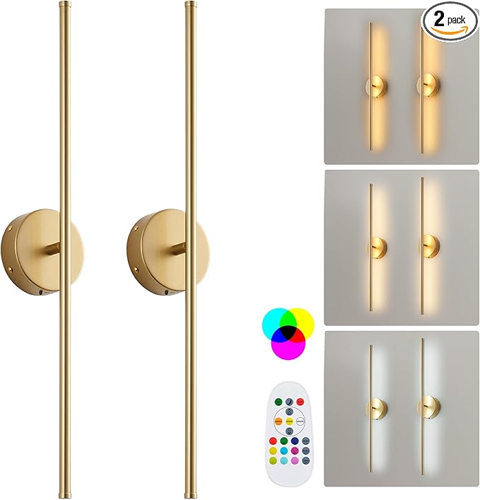 Battery Operated Wall Sconces Set of Two, with Remote Control, Dimmable, Warm White/Natural White/Daylight/RGB, 350°Rotate, LED Gold Wireless Wall Light for Living Room, Bedroom, 28.3 Inch