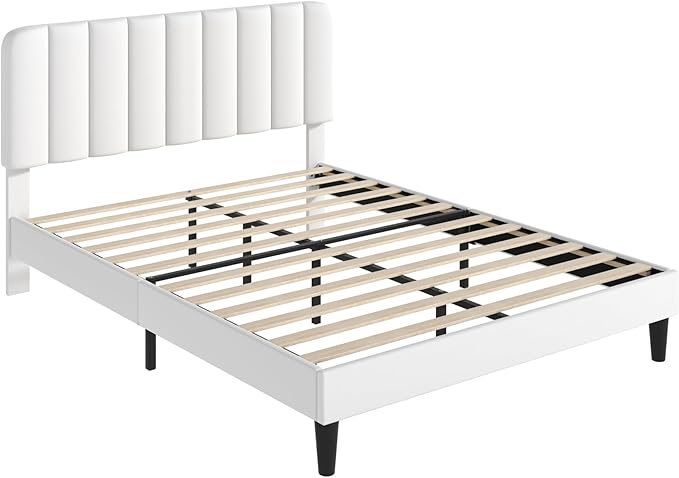 VECELO Full Size Bed Frame with Upholstered Headboard, Velvet Platform Bedframe Mattress Foundation, Strong Wood Slat Support, No Box Spring Needed,White