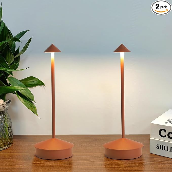 LED Cordless Table Lamps Set of 2, Portable Rechargeable 6000mAh Outdoor Camping Table Lamp,3 Color Stepless Dimming Battery Powered Lamp, Table Light for Dinner/Patio/Restaurant/Bedroom (Brown)