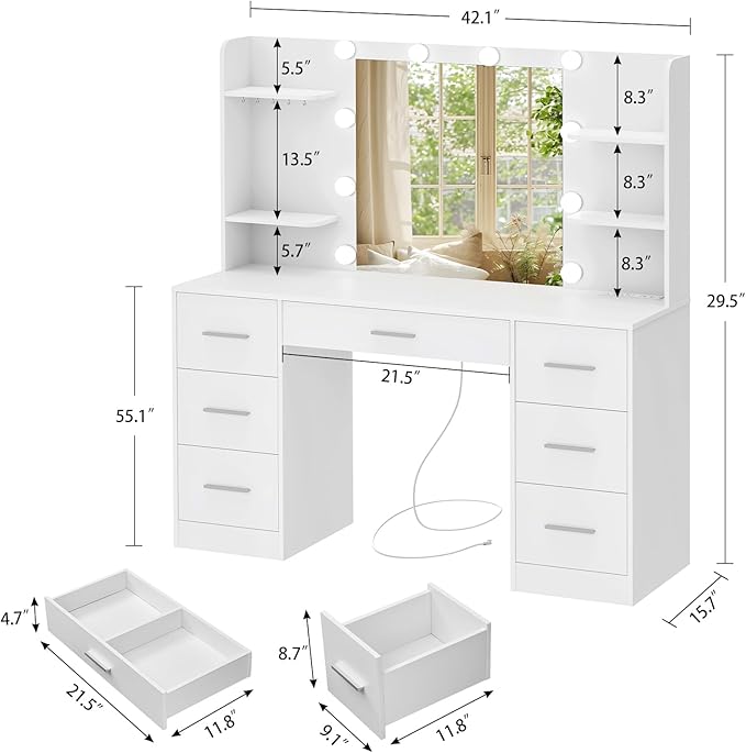 Large Makeup Vanity, 42.1" Vanity Desk with Mirror and Lights, Makeup Vanity Table with 7 Drawers, 4 Shelves, 5 Jewel Hooks & Power Strip, Vanity Desk Set for Bedroom, White