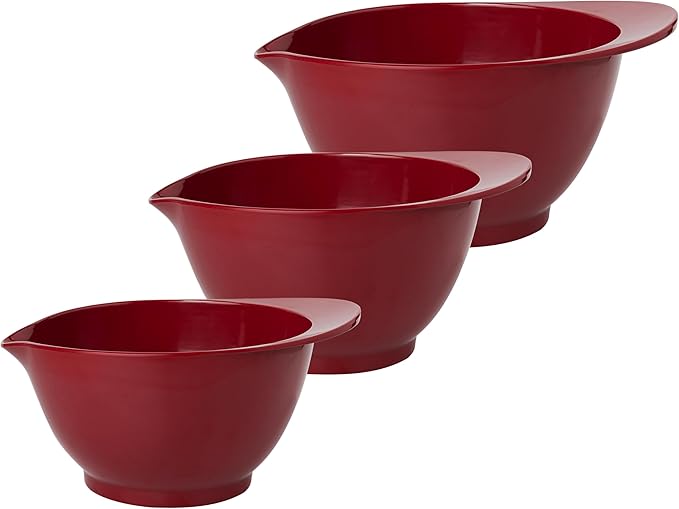 LEHAHA Set of 3 Melamine Mixing Bowls with Pour Spout, Non-Slip, BPA Free, Nesting large Serving Bowl with big handle for Prepping, Baking, Cooking, Kitchen Cooking and Baking Supplies, Burgundy Red
