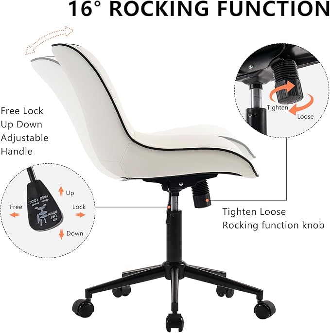 YOUNIKE White Ergonomic Home Office Desk Chair No Arms Comfy Small Criss Cross Chair with Wheels Swivel Adjustable Modern Vanity Chair with Back Armless Cute Leather Upholstered Rolling Task Chair