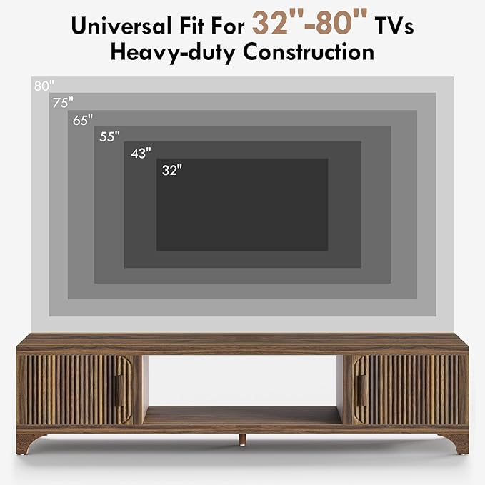 Mid Century Modern TV Stands for 65/70/75 Inch TV, Boho Media Console for Living Room, Fluted TV Entertainment Center with Storage, Wood Television Cabinet for Bedroom