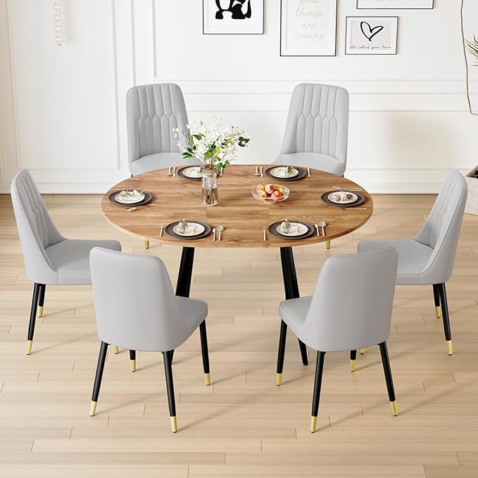 42"-54" Extendable Dining Table Set for 6, Oval Dining Table Set for 6, 0.73" Thick Wood Tabletop with Smooth Edge, Black Metal Leg with Non-Slip Footmat, 6 Soft PU Chairs, for Kitchen, Small Space
