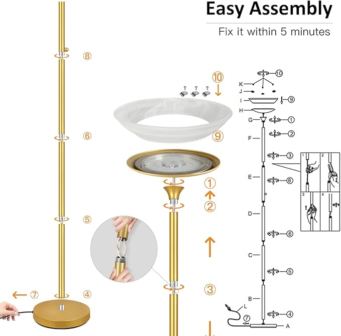 BoostArea Torchiere Floor Lamp, 24W Super Bright LED Standing Lamp, 3000K Stepless Dimmable Pole Lamp with Rotary Switch, 70 Inch Tall Metal Modern Floor Lamps for Living Room/Bedroom/Office/Den, Gold