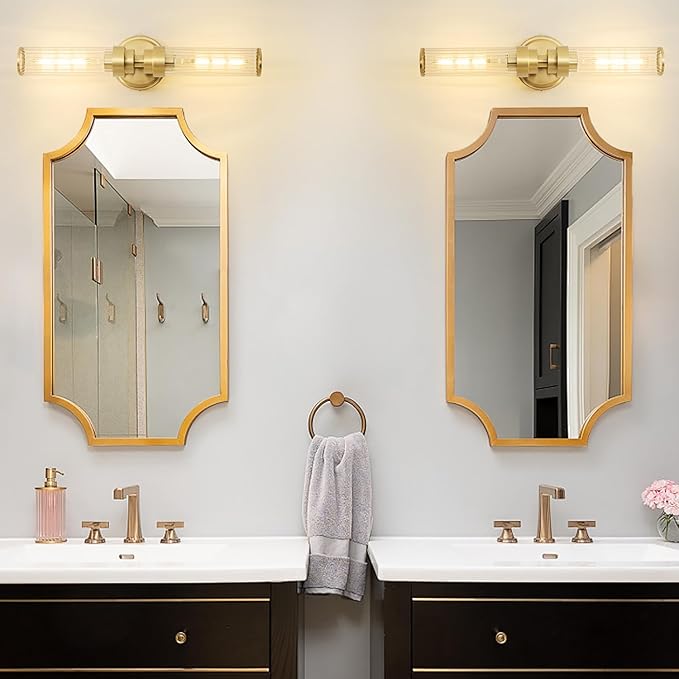 Bathroom Light Fixtures, Gold Wall Sconce in Threaded Glass Indoor Vanity Lights, Modern Bathroom Vanity Light Up and Down Sconces Wall Lighting for Bathroom, Living Room - Bulb Not Included