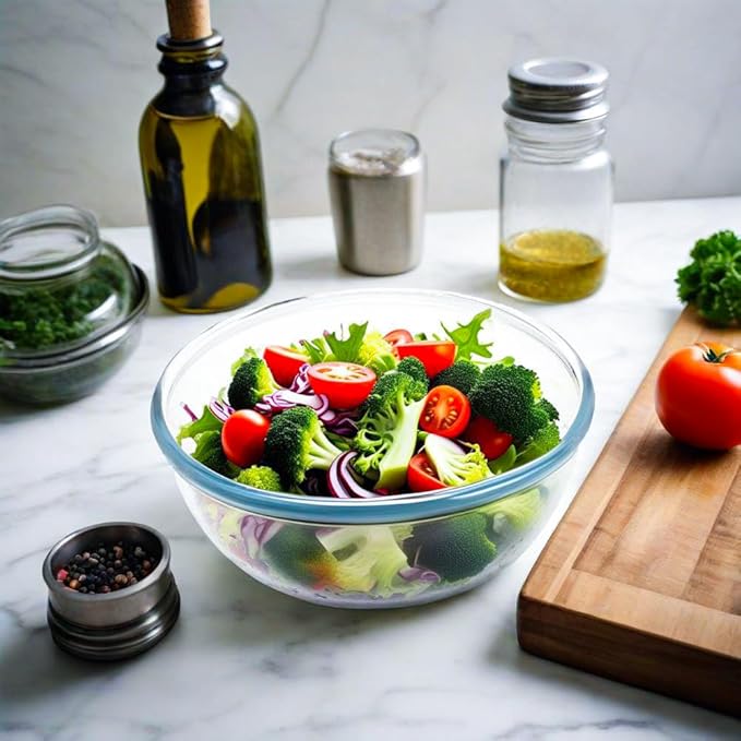 Mixing Bowls - 6 Quarts Glass Mixing Bowls - Salad Bowl With Serving Utensils - Microwave And Freezer Safe Bowls For Kitchen