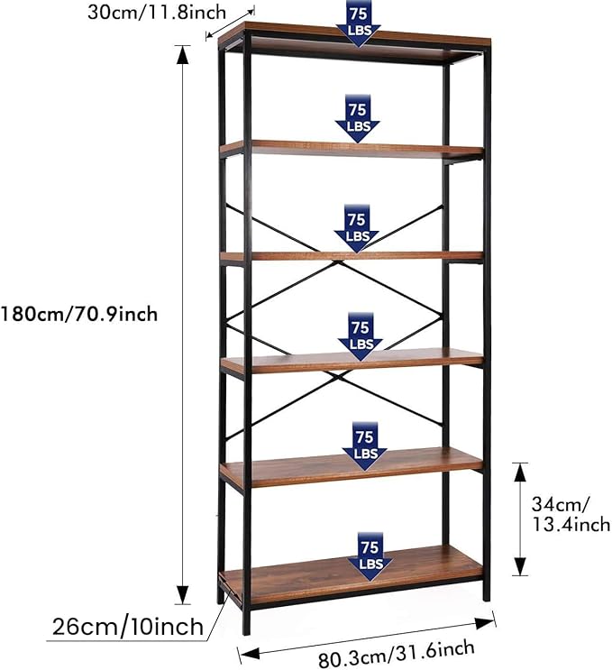 Himimi 6-Tier Bookshelf Set of 2,Tall Bookcase Industrial Wood Storage Rack with Open Book Shelves,Modern Metal Standing Organizer,Vintage Display Rack for Living Room, Office, Bedroom, Rustic Brown