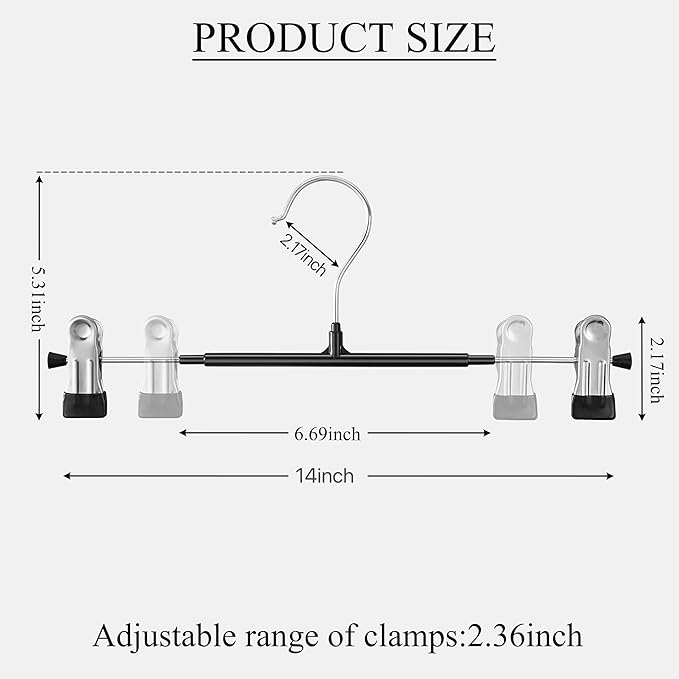 10 Pack 14Inch Heavy Duty Pants Skirt Hangers with Clips,Metal Trousers Hanger for Jeans Black Non Slip Women Shorts Hangers Saving Space Clothing Hanger for Adult,Men,Children,Kid,Baby