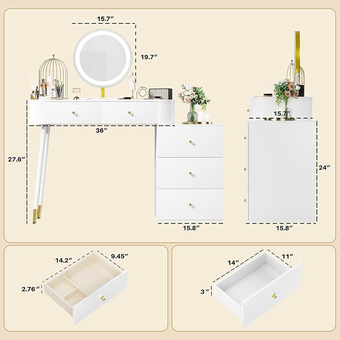 WinZo 36" Vanity Desk with Mirror and 3 Light Modes, Dressing Table Set with 5 Sliding Drawers, Makeup Desk with Charging Station, Modern Vanity for Small Spaces & Bedroom, White