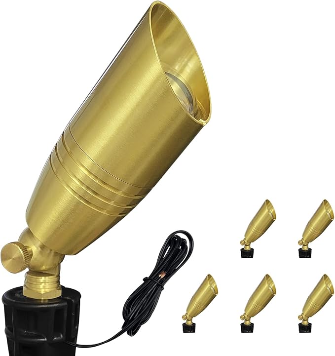 COLOER Die-cast Brass Landscape Spotlight 6-Pack Without Bulb,12V AC/DC Low Voltage Copper Outdoor Lighting with Ground Stake, Directional Garden Patio Spot Up Light (102B Copper Finish)