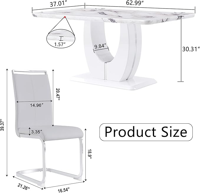 Dining Table Set for 6, Kitchen Table Chairs Set of 6, Modern Dining Room Set with 63 inch Marble Dinner Table PU Leather Upholstered Chairs for Dining Room Kitchen