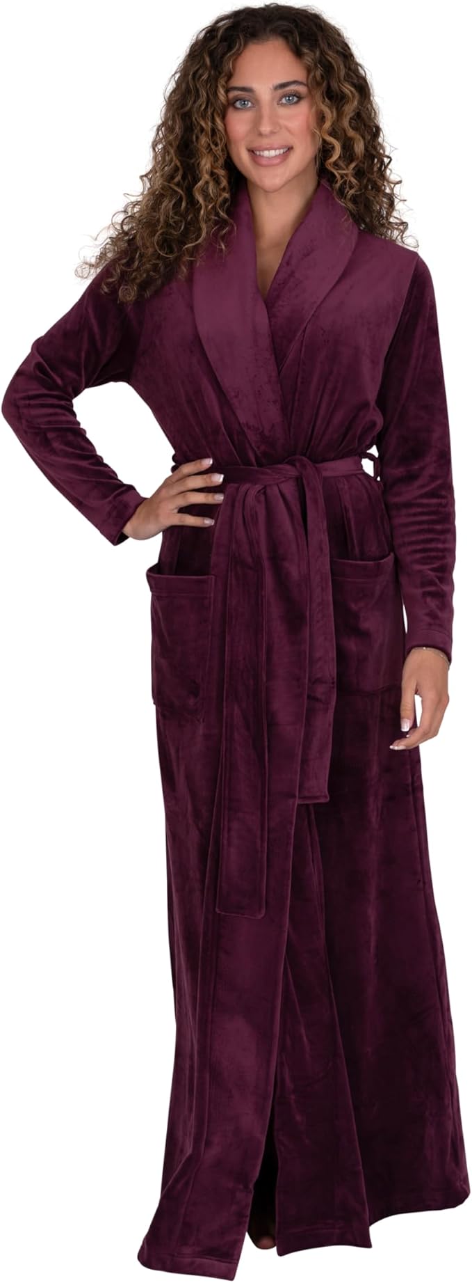 Be Relax Terry Velour Robe - Made of Polyester, Shawl Collar Robe with Belt & Side Pockets, Soft & Warm Bathrobe for Women